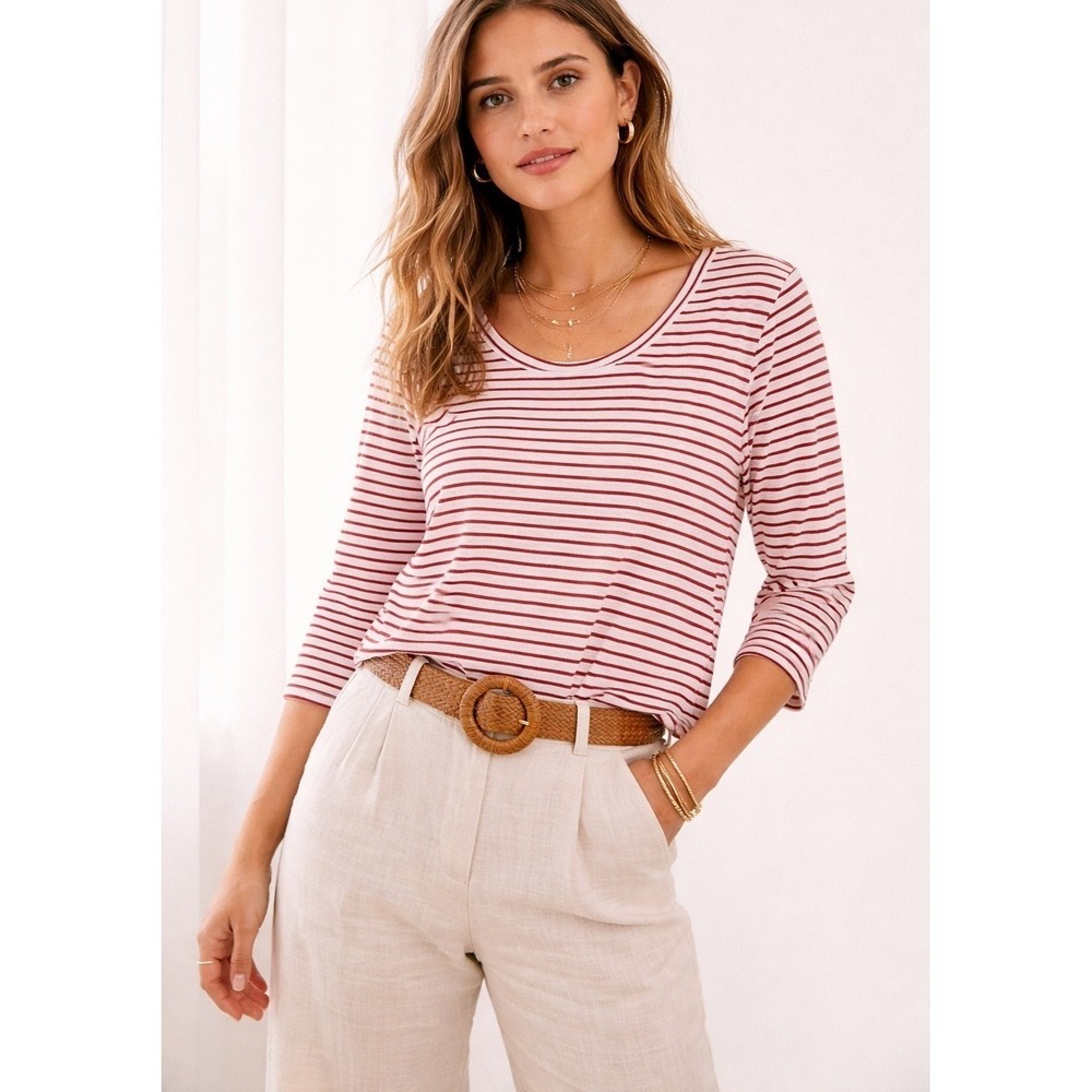 Soft Surroundings Red White Striped 3/4 Sleeve Scoop Neck Top 2GK09 Large